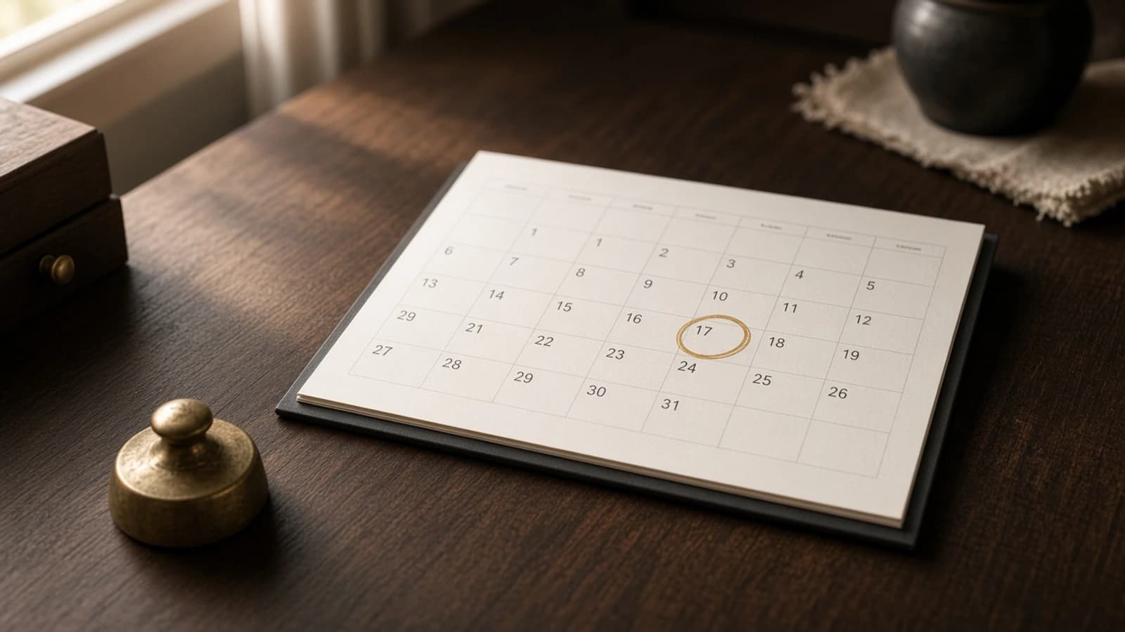 A paper calendar on a walnut desk with the 17th circled in gold, beside a brass paperweight.