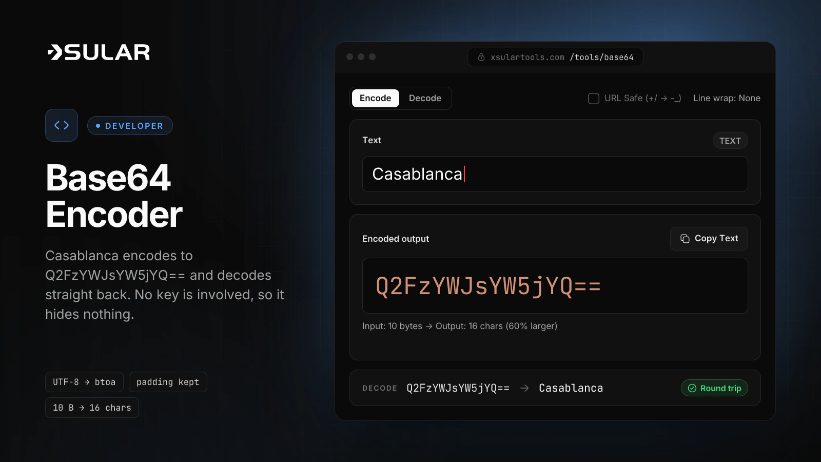 The Base64 tool encodes Casablanca as Q2FzYWJsYW5jYQ==, and decoding that string returns Casablanca.