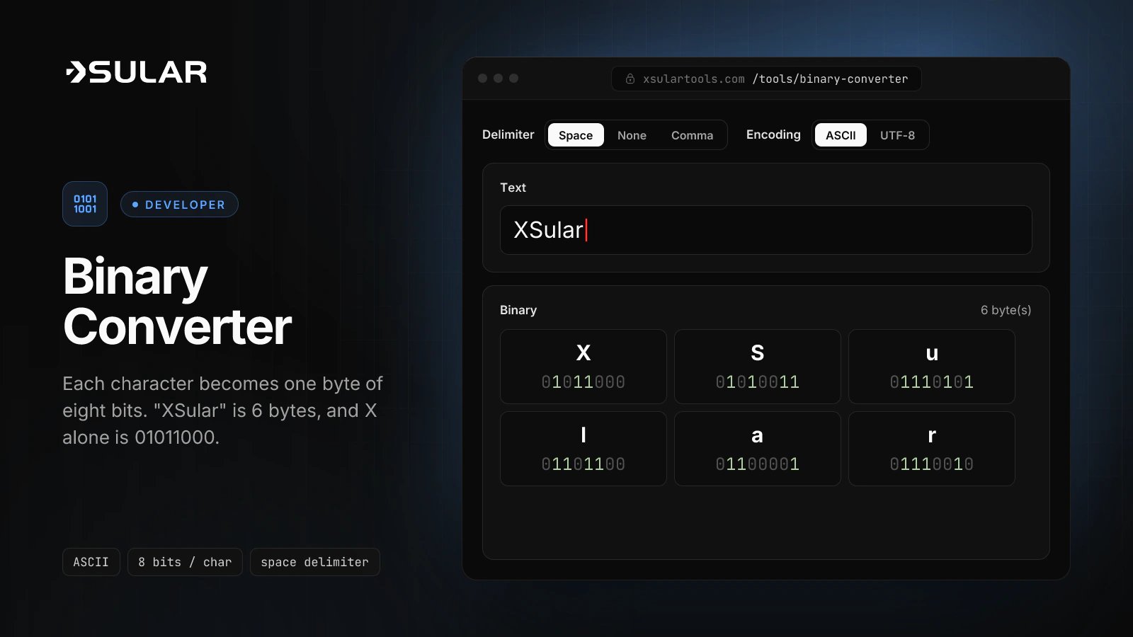 The binary converter shows XSular as 6 bytes, from 01011000 for X to 01110010 for r.