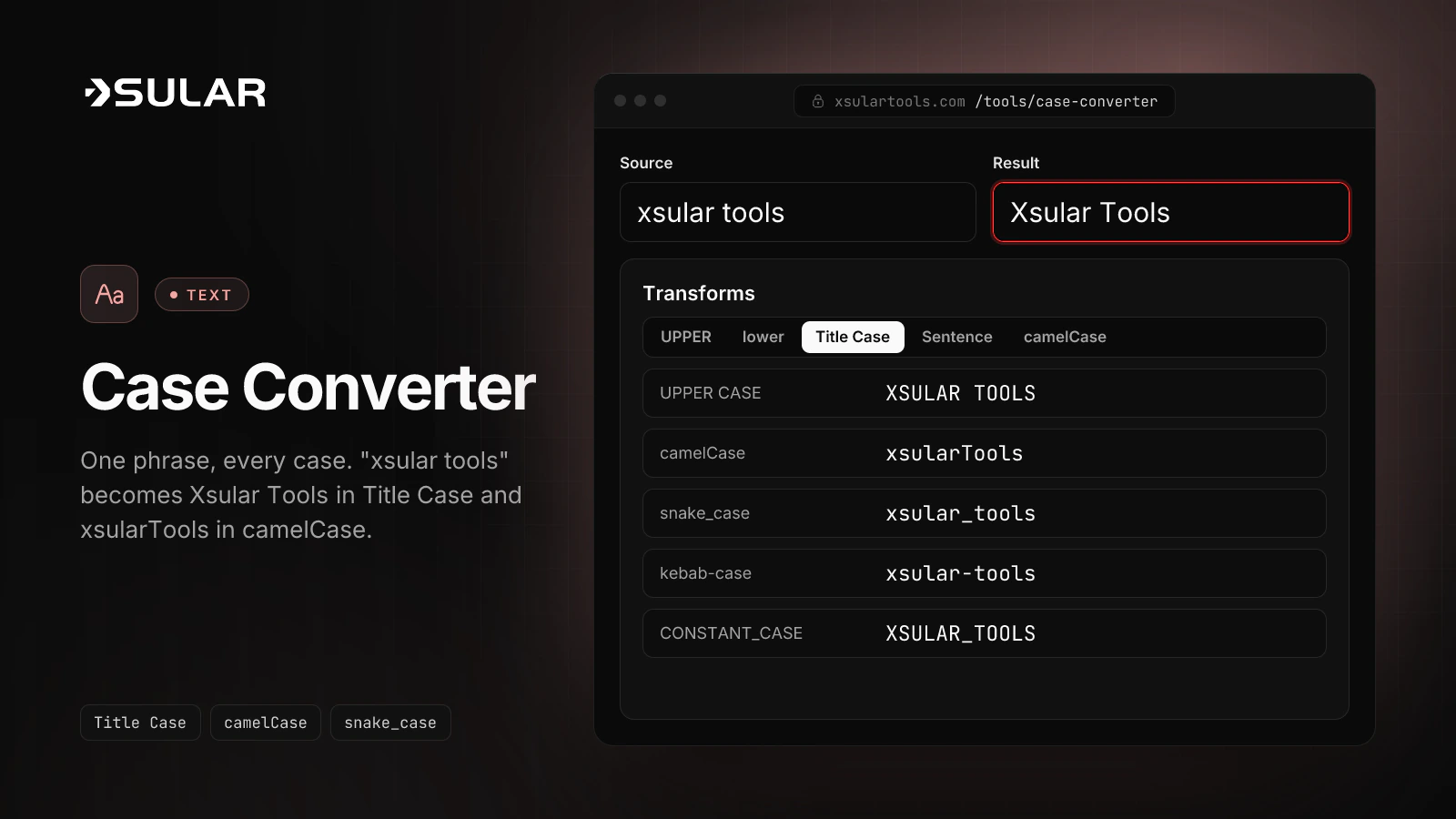 The case converter turns xsular tools into Xsular Tools in Title Case and lists the UPPER, camelCase, snake_case, kebab-case, and CONSTANT_CASE versions.