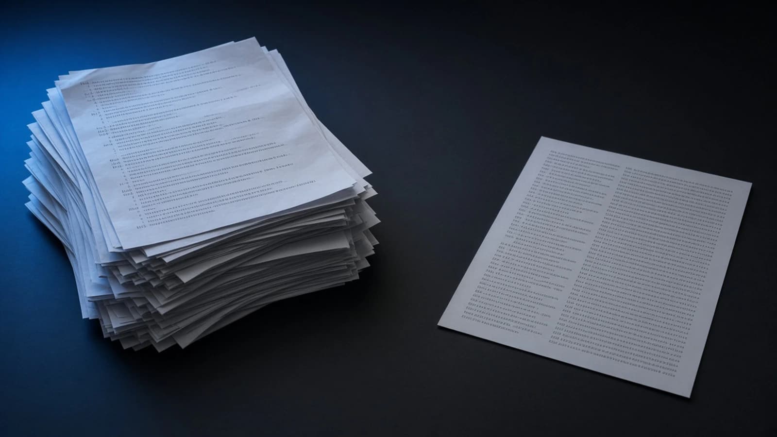A tall stack of spaced printouts beside one dense single sheet on a black desk.