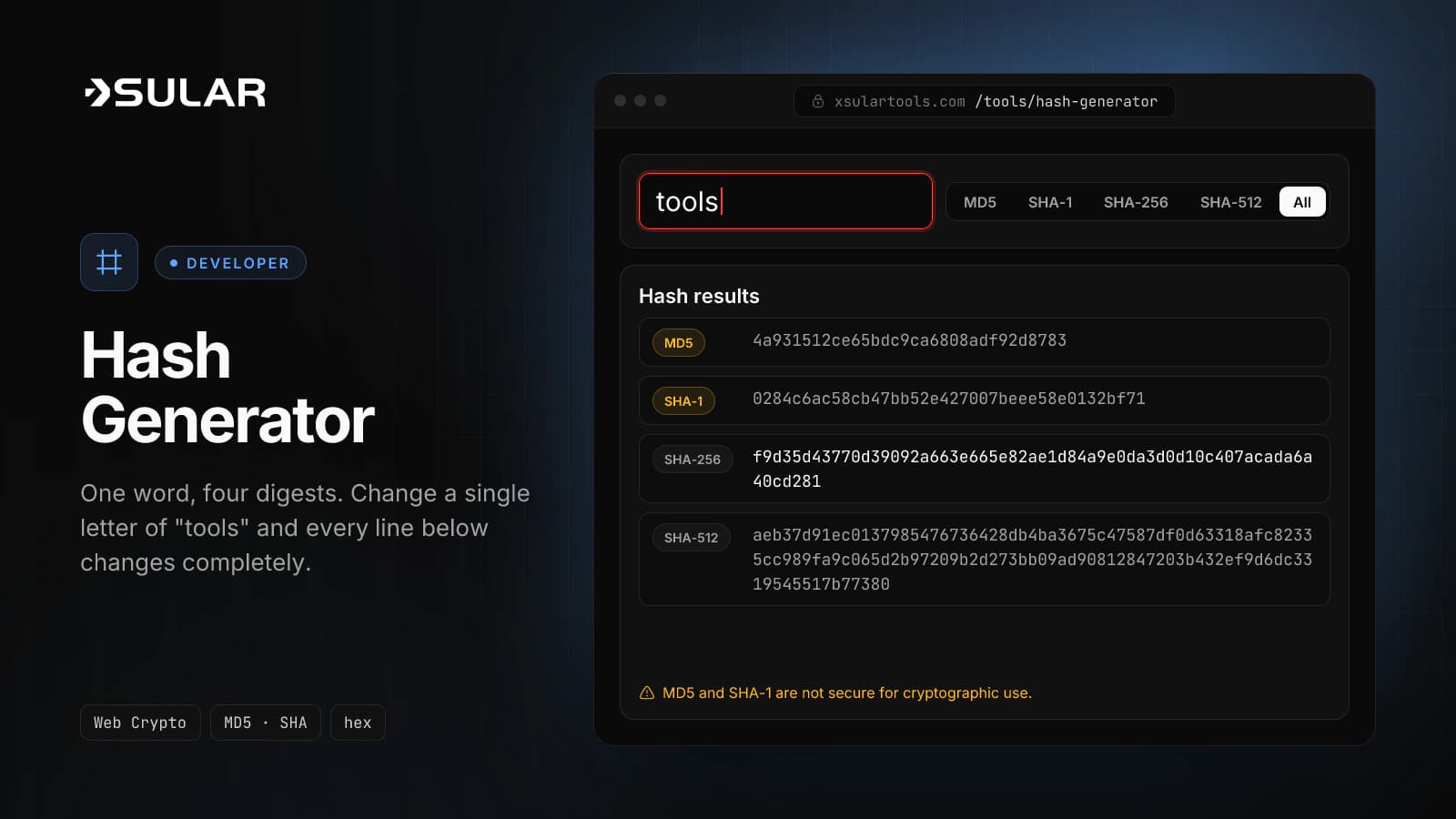 The hash generator shows the MD5, SHA-1, SHA-256, and SHA-512 digests of the word tools, with SHA-256 starting f9d35d43.