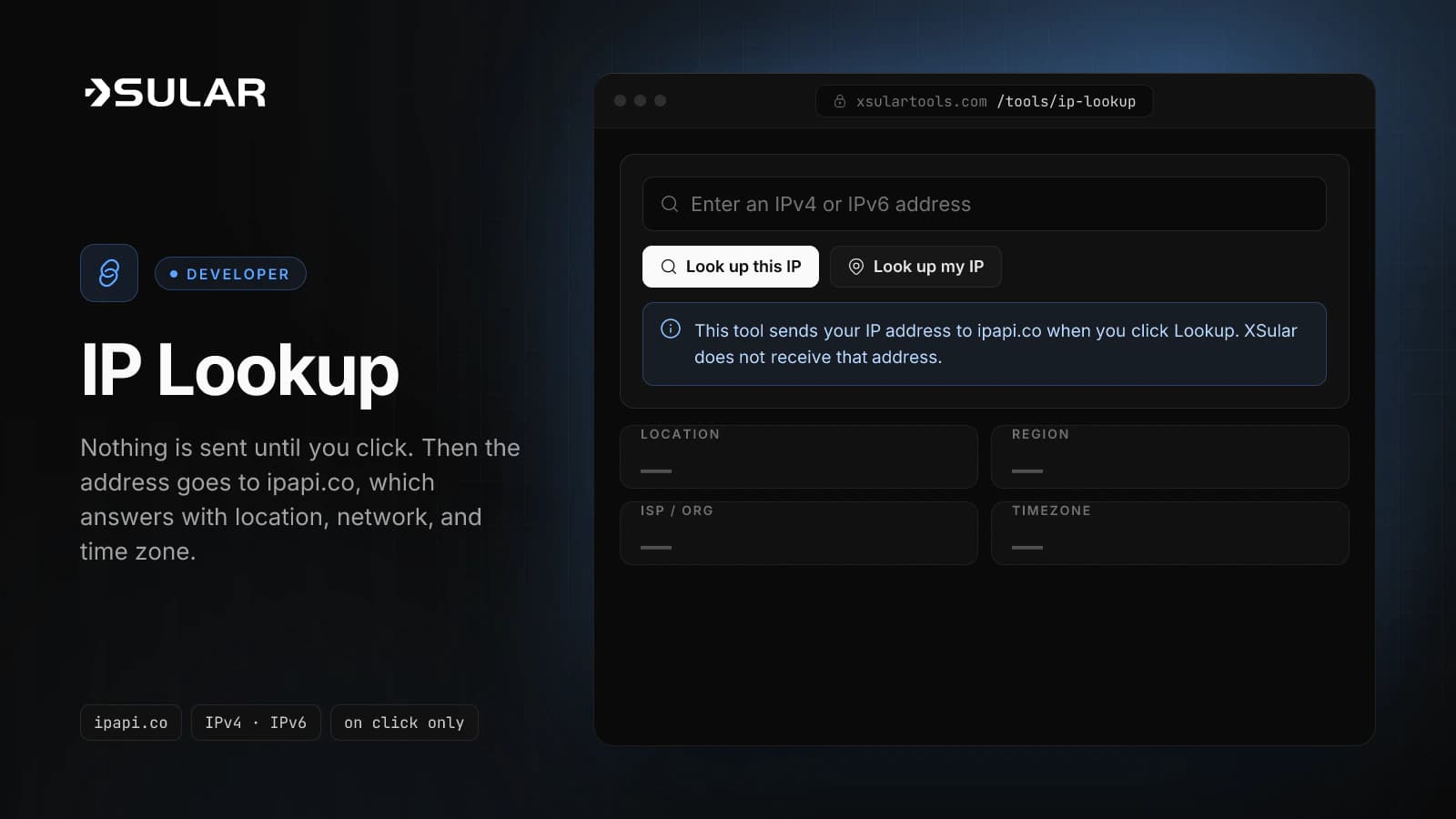 The IP lookup tool shows an empty address field, the two lookup buttons, and the notice that a lookup sends the IP to ipapi.co.