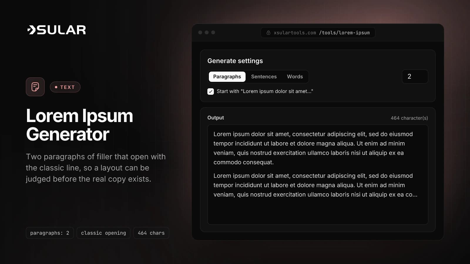 The lorem ipsum generator shows two paragraphs of placeholder text that start with Lorem ipsum dolor sit amet, 464 characters in total.