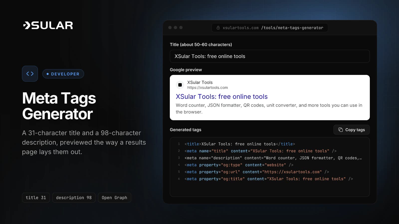 The meta tags generator shows a Google preview card for "XSular Tools: free online tools" above the generated title, description, and Open Graph tags.