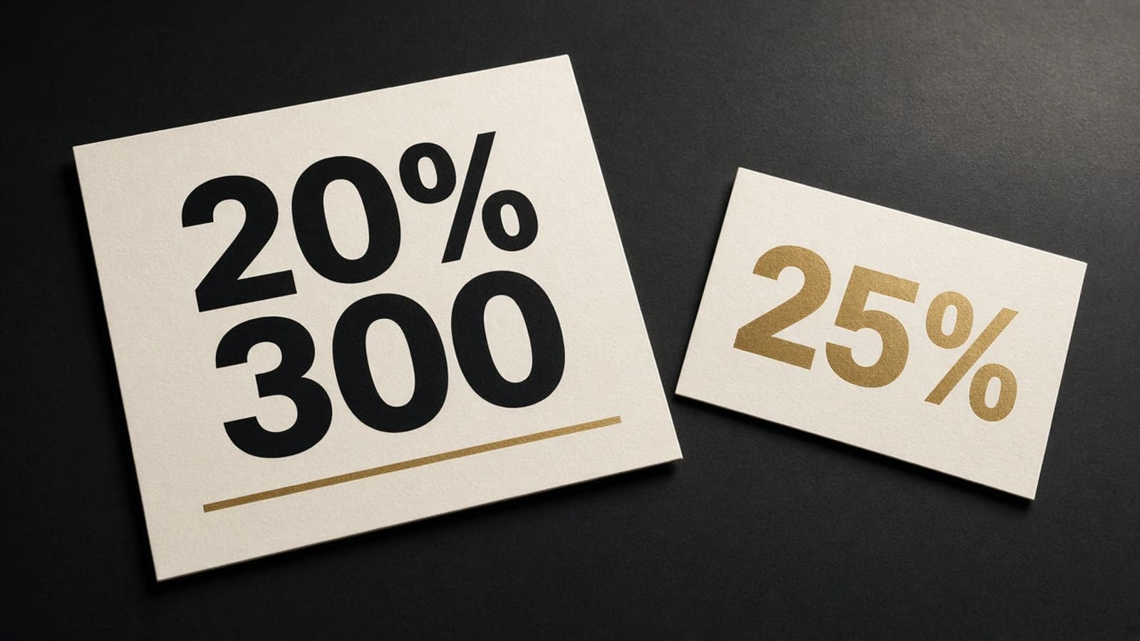 Two cream cards on a charcoal desk: 20% and 300 in black with a gold rule, and 25% in gold.