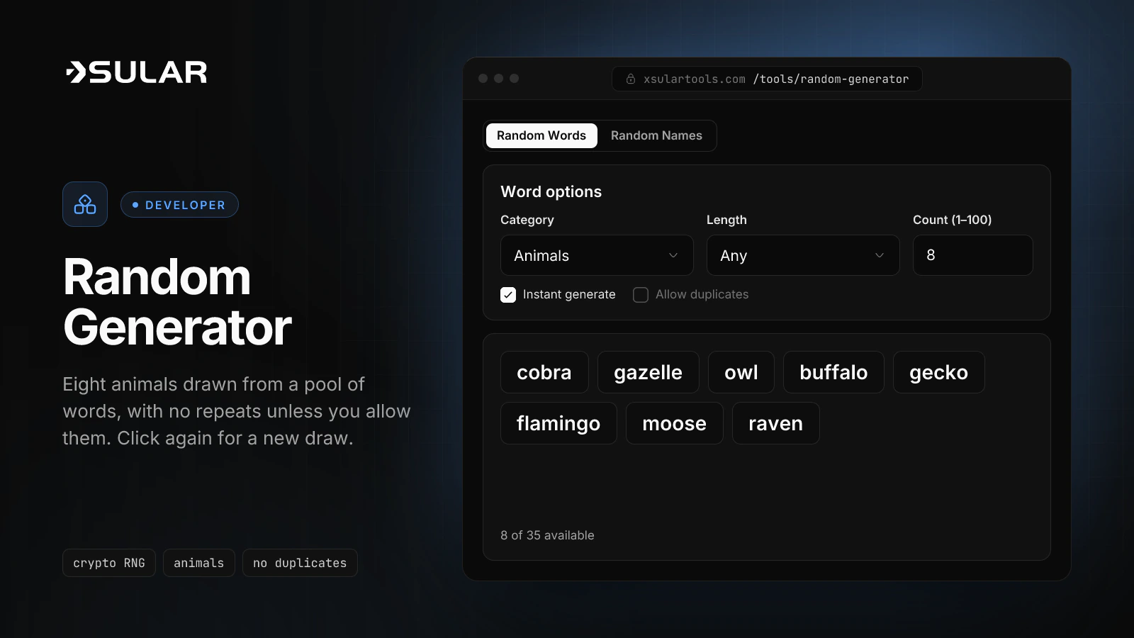 The random generator shows eight random animal words, from cobra to raven, drawn without duplicates.