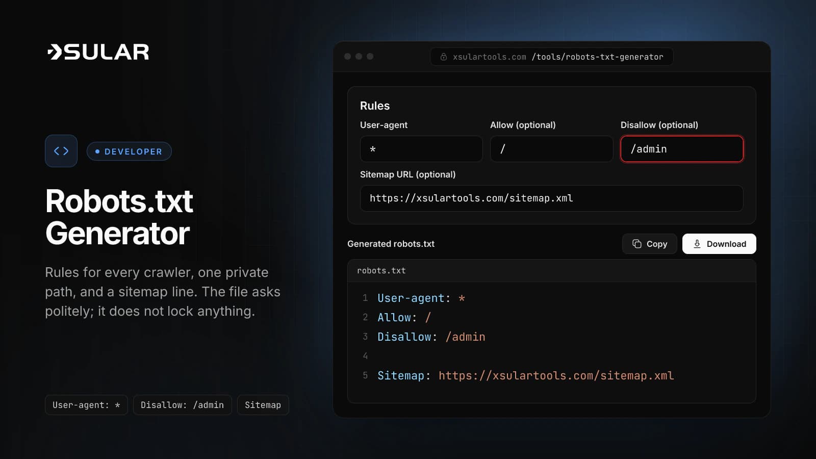 The robots.txt generator shows a rule for all user agents that allows / and disallows /admin, followed by a sitemap line for https://xsulartools.com/sitemap.xml.