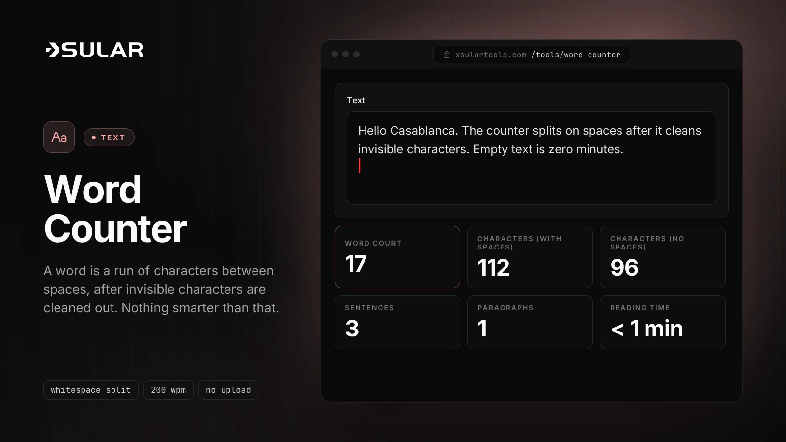 The word counter shows 17 words, 112 characters, and 3 sentences for a note that starts with Hello Casablanca.